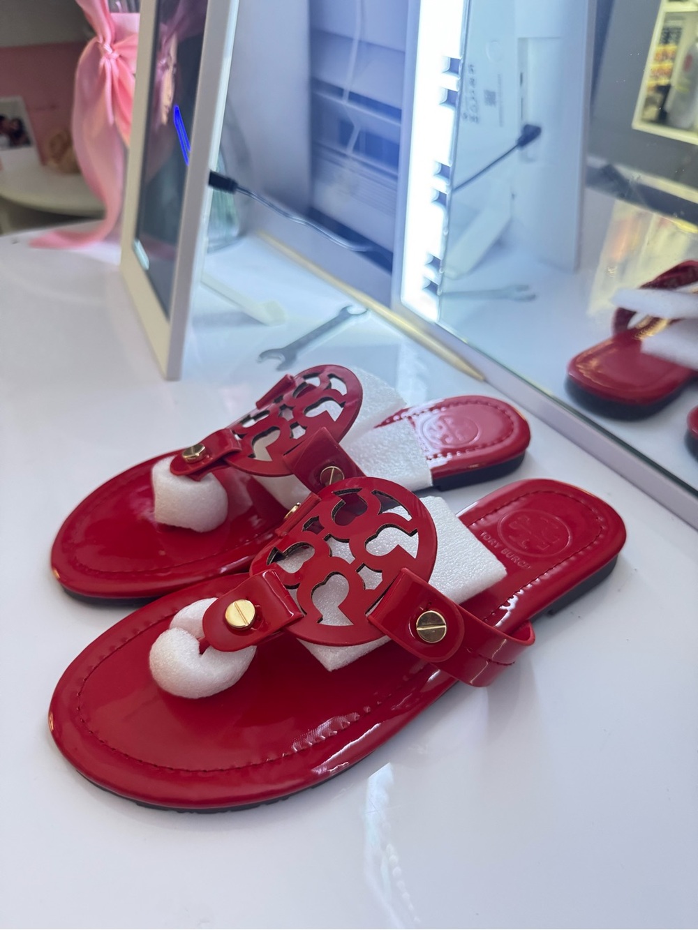 Tory Burch Red Patent Miller Logo Thong Sandals